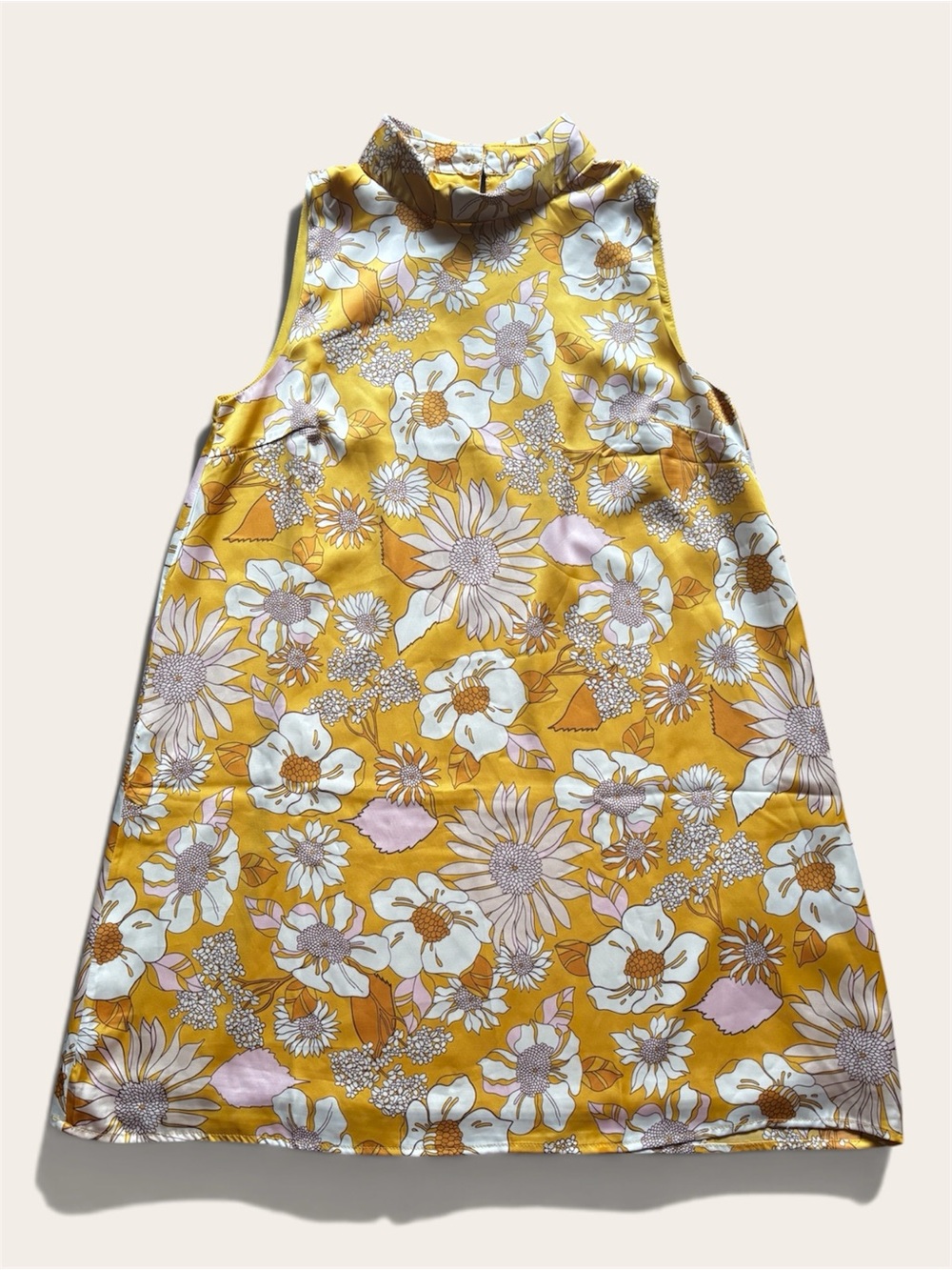On Twelfth 70s Yellow Floral Satin Swing Dress | Size L | Mock Neck